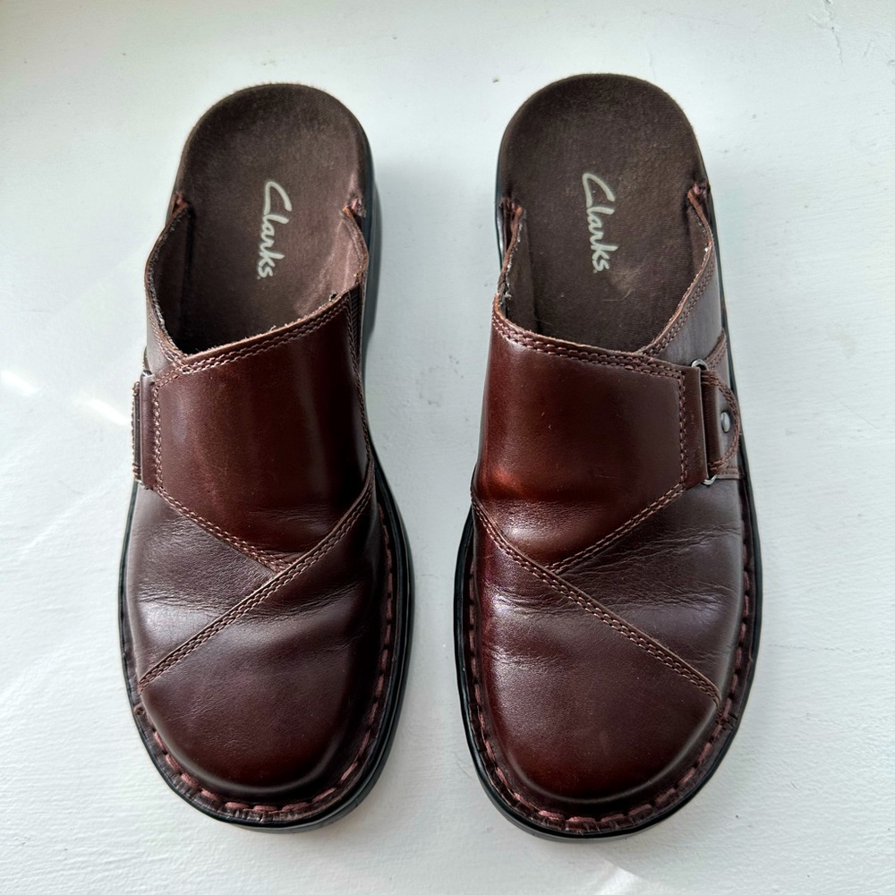 Clarks Brown Leather Slip on Mules, style #80776